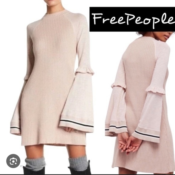 Free People Sweaters - Free People Blush Pink Ribbed Bell-Sleeve Crewneck Sweater Dress